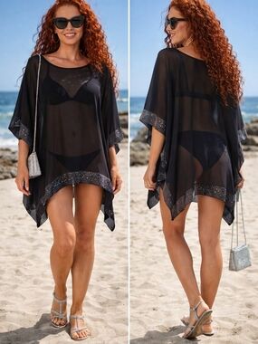 Black Sheer Swim Cover-Up Kaftan with Sparkle Trim